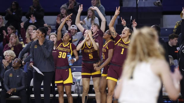 The Minnesota bench celebrates as the Gophers dominated the fourth quarter in Michigan.